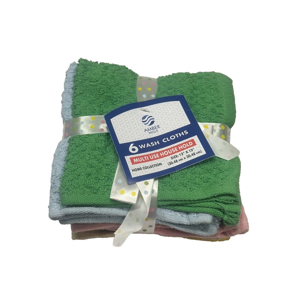 AMBER MILLS 6 PACK WASH CLOTH 12x12 inch 100% cotton HOME COLLECTION